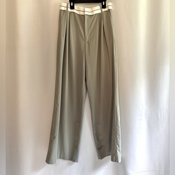 ZARA Pleated Olive/Grey Contrast Waist Lightweight Wide Leg Flowy Pant Trousers - Picture 4 of 6